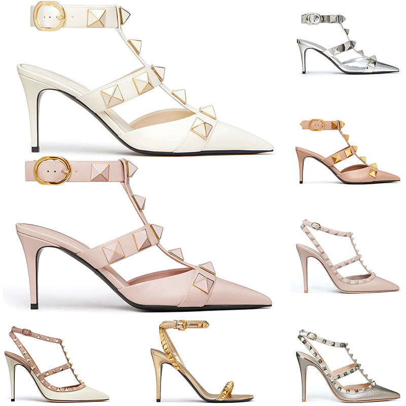 

With Box New Women Designers high heel Dress Shoes Ankle Strap Roman Stud sandal Rivets gold stiletto chunky heels 6 8 10 CM pointed open toes Genuine Leather size 35-42, 35-42 (16)