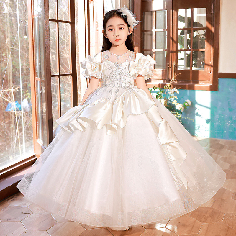 Robes de fleur de robe de bal à sur mesure pour le mariage en dentelle de mariage fille blanche robes de concours de fête d'enfants