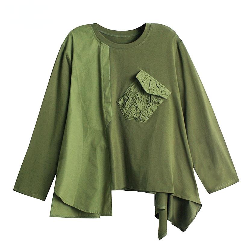 

Women's T-Shirt Women's Casual Loose Stitching Cloth Asymmetrical Hem Solid Color Shirt Round Neck Long Short Sleeve Street Style ShirtW, Green 01