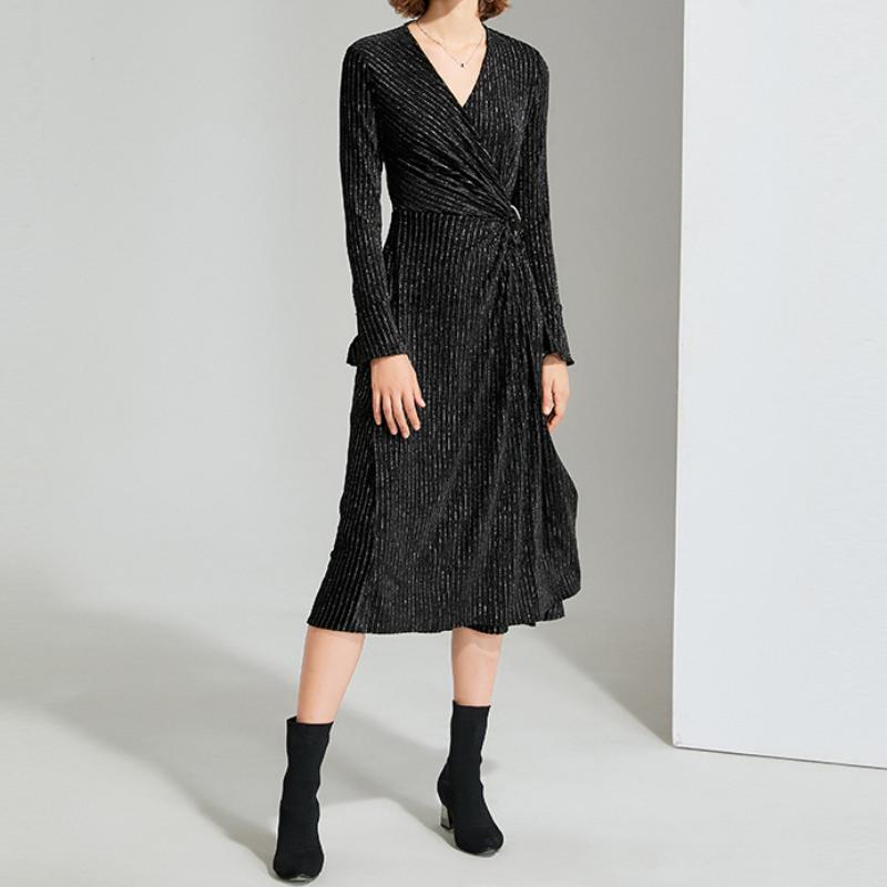 

Casual Dresses Women Black Fairy Dress Fall Woman Sexy Velvet One Piece Long Party Night Club Clothes Female Slim Body V-neck ChicCasual