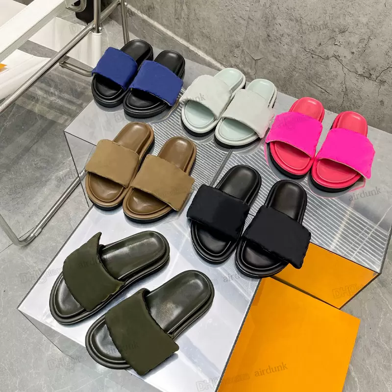 Designer Pool Pillow Comfort Sandals Velcros Slippers Mule Fashion Show New Slipper Lady Nylon Shoes Strap Men Leather Sandal Sunset Flat Rubber Out