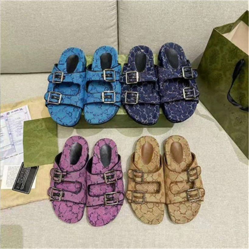 

2022 Women Multicolor Flat Slippers Sandals With 2 Straps Lady Fashion Metal Buckle Beach Slides Men's lace-up Scuffs For Summer 35-44, Blue