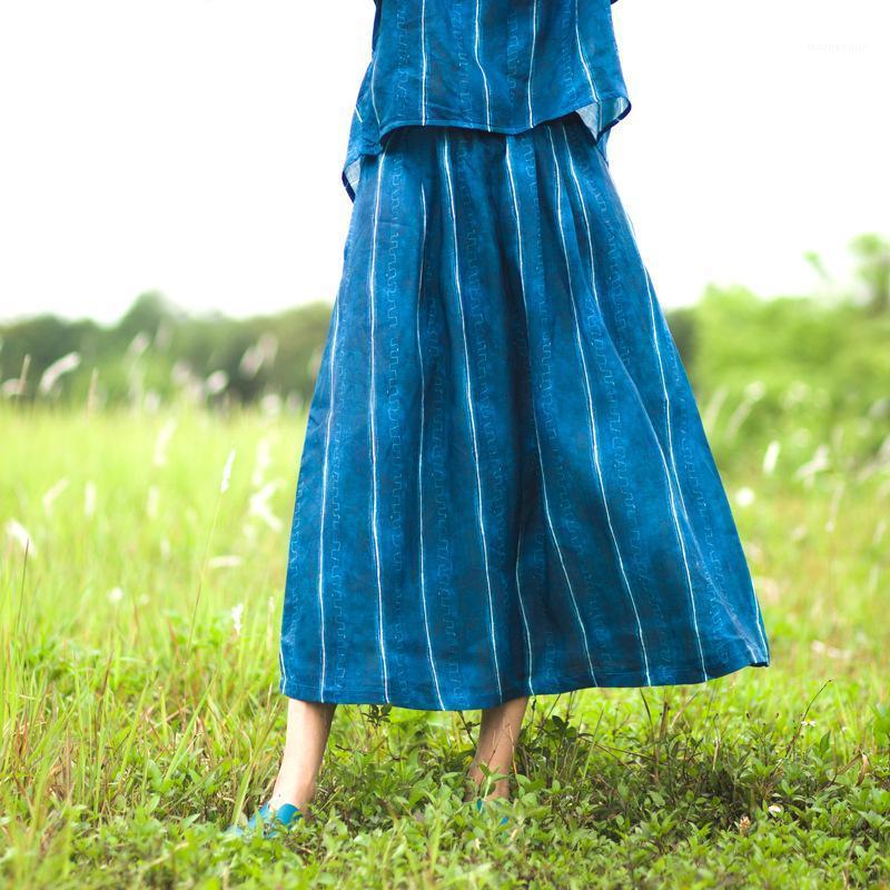 

Women Summer Ramie Skirts Ladies Loose Striped Elastic Waist Skirt Female 2022 Retro, Blue