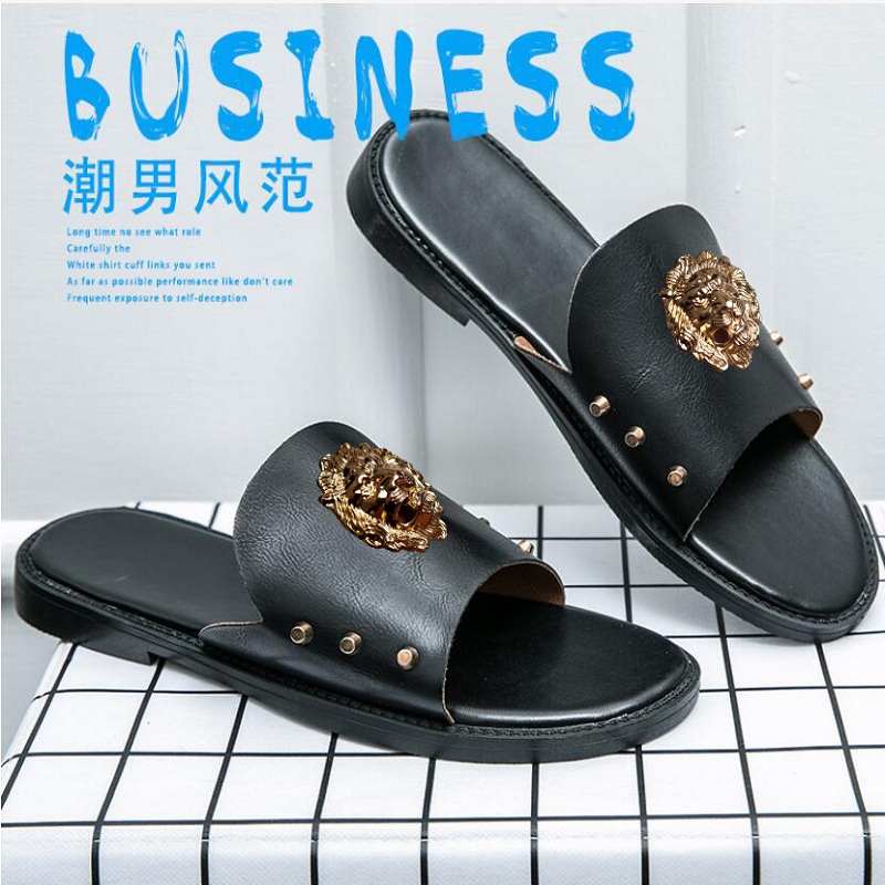 

Slippers Men's summer new fashion wear trend leisure beach leather flip-flops personality non-slip slippers Zapatos Hombre T37, Black