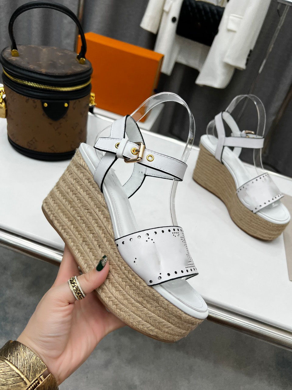 

2022 Starboard Wedge Sandal Women Designer Sandals High heel Espadrilles Natural Perforated Calf Leather Lady Slides Outdoor Shoes, Box