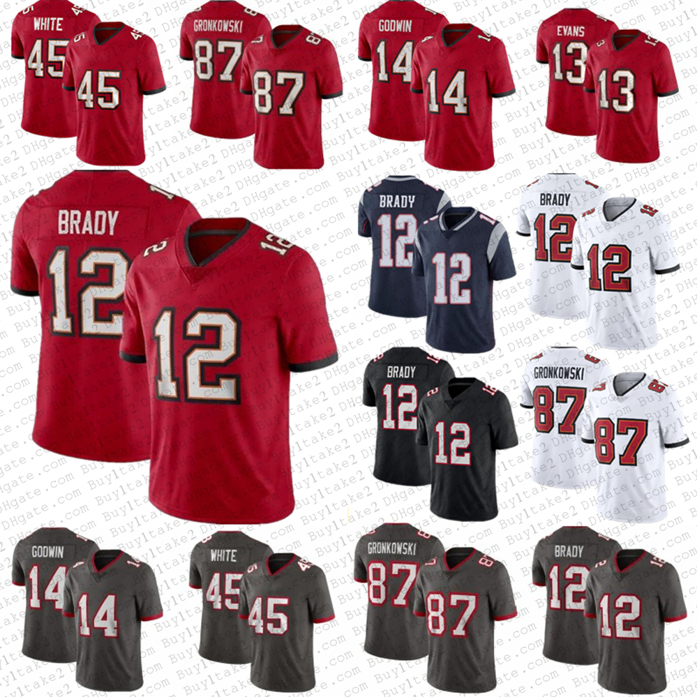 

12 Tom Brady Mens Women Youth Kids 87 Rob Gronkowski Football 13 Mike Evans Jerseys 45 Devin White 14 Chris Godwin Shirt Red Navy White Stitched Jersey, Shown