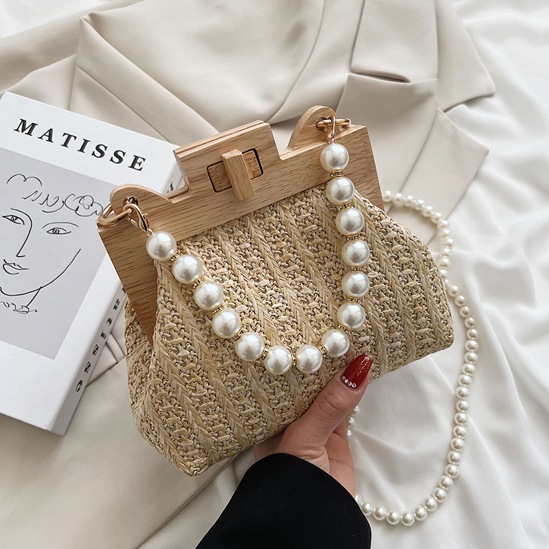 

Straw Bag Women Hand-Woven Handbags and Purses Summer Wooden Rattan Casual Beads Beach Small Shoulder Crossbody Bag 220616, Khaki