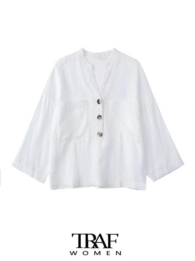 

Women's Blouses & Shirts Women Fashion With Buttons Loose Linen Vintage Long Sleeve Patch Pockets Female Blusas Chic TopsWomen's, As picture