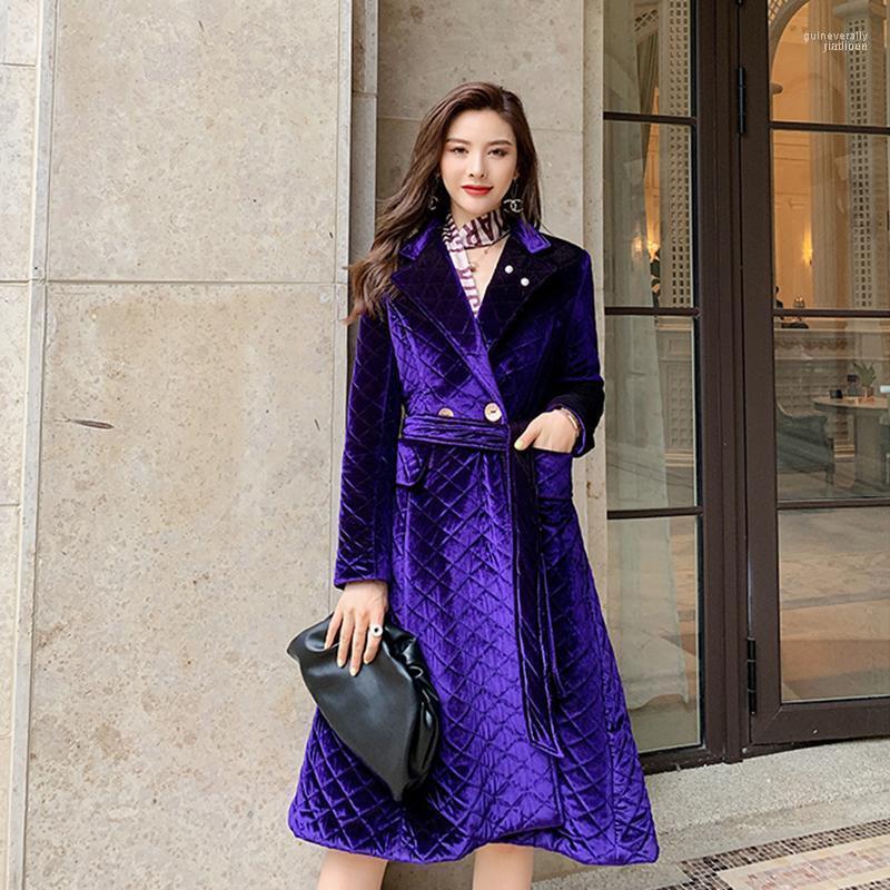 

Purple Parker Jacket Women' Double-breasted Belt Long Section Over The Knee Slim Retro Gold Velvet Thicken Warm Cotton Coat1 Guin22