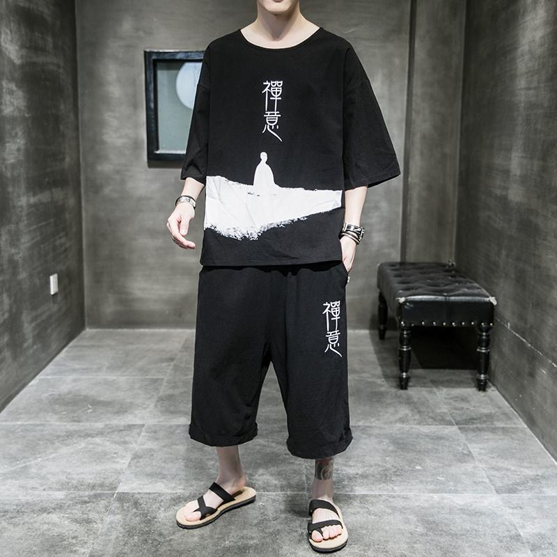 

Men's Tracksuits -5XL Chinese Style Men Sets Streetwear Short Sleeve Casual Shirt Elastic Waist Pockets Pants Vintage Loose XXXXXL, White tracksuit men