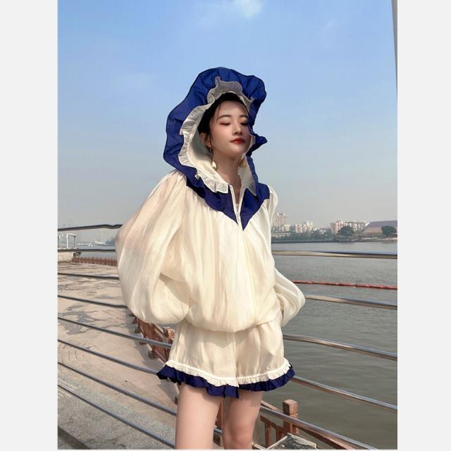

Women' Tracksuits Patchwork Lace Women Suits Korean Sweet Summer Blended Full Hooded Elastic Waist Shorts Pants 2 Piece Set Sunscreen Cloth