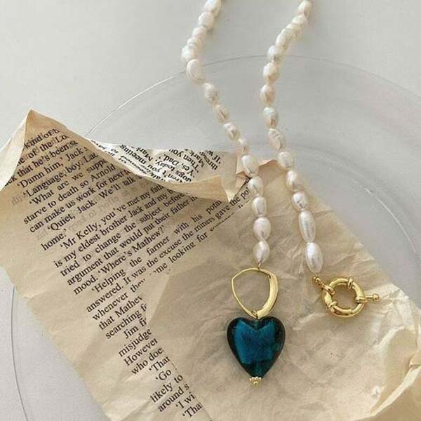 

Baroque Irregular Natural Pearl Necklaces Blue Green Color Glass Heart Pendant