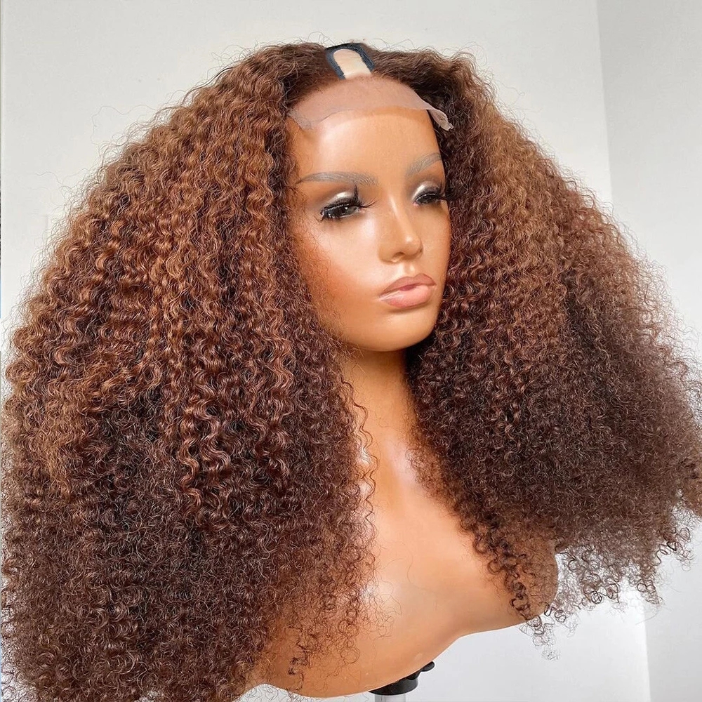 

Chestnut Brown Afro Kinky Curly V Part Wigs Unprocessed 100% Human Hair Glueless 250density Jerry Wave Side U Shape Full End Full Machine Made, As picture color