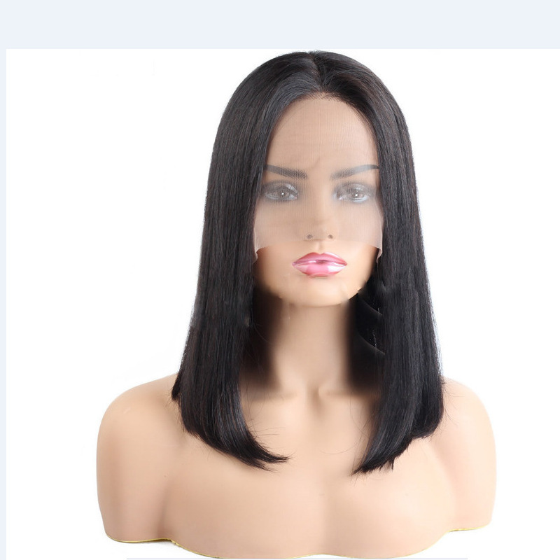 

Lace front Human Hair Wigs For Women Natural Black Peruvian Remy Hair Silky Straight Short Bob, Natural color