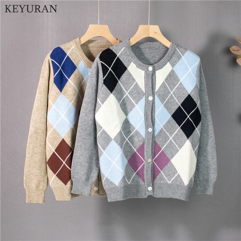 

Argyle Cardigan Sweater Women 2022 Autumn New Vintage Korean O-Neck Long Sleeve Knitted Sweater Chic Casual Loose Knitwear Tops, Gray