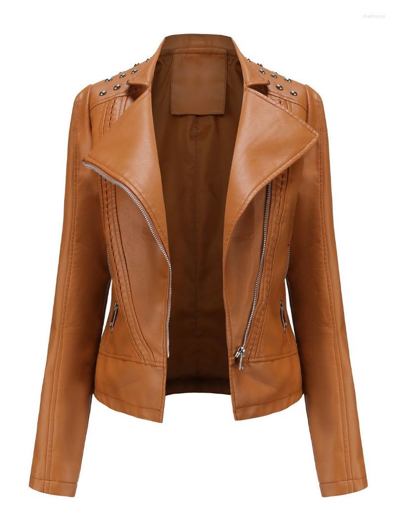 

Women's Leather & Faux Women Autumn Slim Short Jackets Retro Rivet Motorcycle Coat Hip Hop Lapel Biker Outwear ChaquetasWomen's, Beige