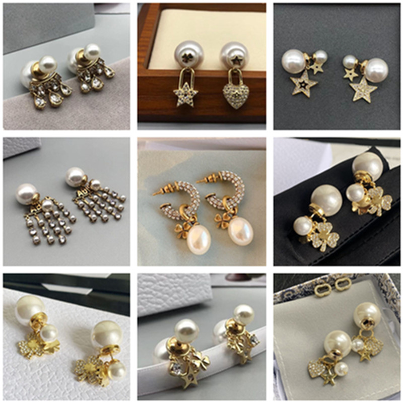 

Pearl Charm Ear Stud Crystal Pave Letters Gold Vintage Earrings