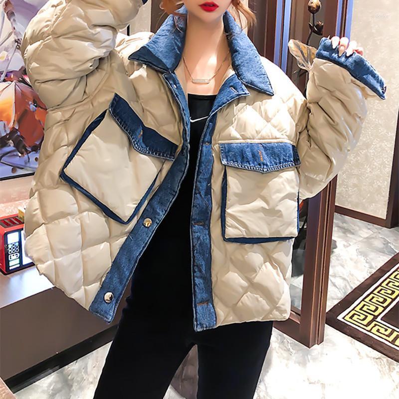 

Women's Down & Parkas Winter Women Bomber Jacket Denim Patchwork 2022 Plaid Padded Coat Female Fashion Short Streetwear, Coffee