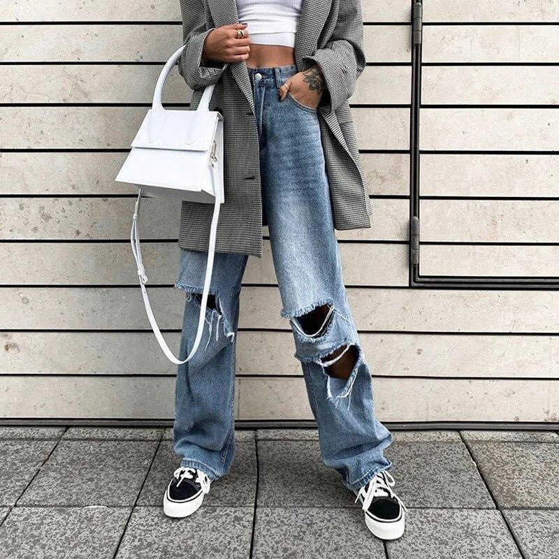 

Autumn fashion chic high waist ripped jeans female ins Harajuku vintage streetwear BF loose straight wide leg pants 210608, Blue