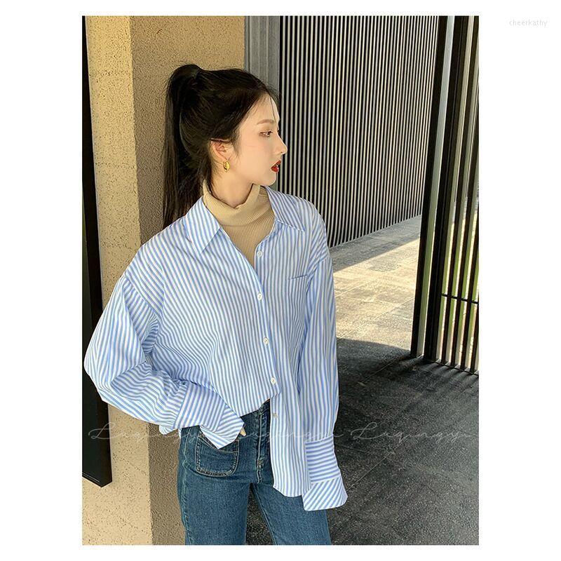 

Women's Blouses & Shirts Long Sleeve Blue Striped Shirt For Women Girl Summer Casual Blouse Button Up Tops Cardigan Office Work Clothing Kor