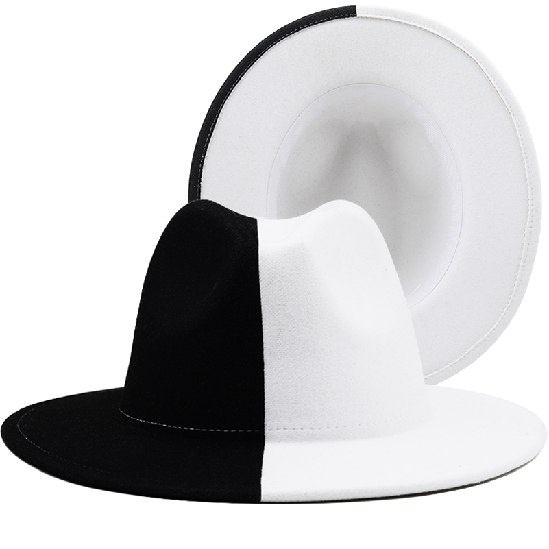 

Black White Patchwork Wool Felt Jazz Fedora Hat Women Unisex Wide Brim Panama Party Trilby Cowboy Cap Men Gentleman Wedding Hat 220812, Red black