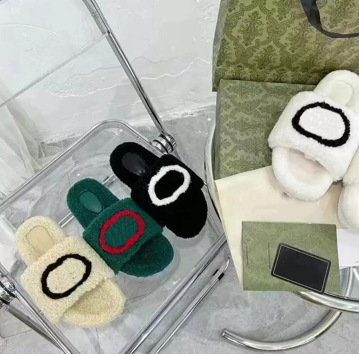

Designer Luxury Ladies Flat Slippers Premium Wool Ladies Classic Sandals Plush Green White Casual Wearproof Sandal Fashion Warm Women's, Black