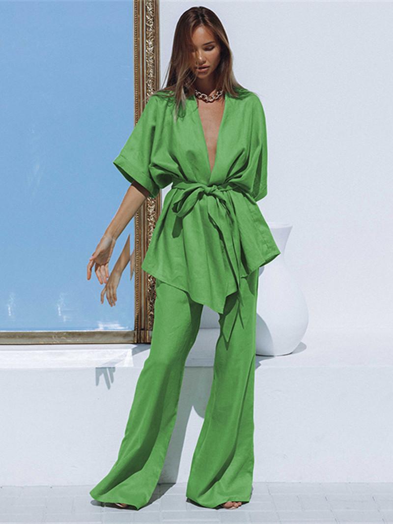 

Women' Two Piece Pants Cotton Linen 2 Set Women Tracksuit Summer Clothing Half Sleeve Wrap Shirts Wide Leg Suits Fashion Pieces OutfitsWome, Green