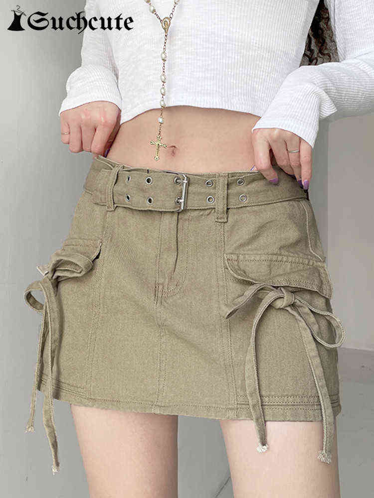 

SUCHCUTE Harajuku Solid Cargo Mini Skirts Women Grunge Fairycore Low Waist Bandage Belt Skirt Streetwear Side Pocket Clothes 90s T220819, Kh
