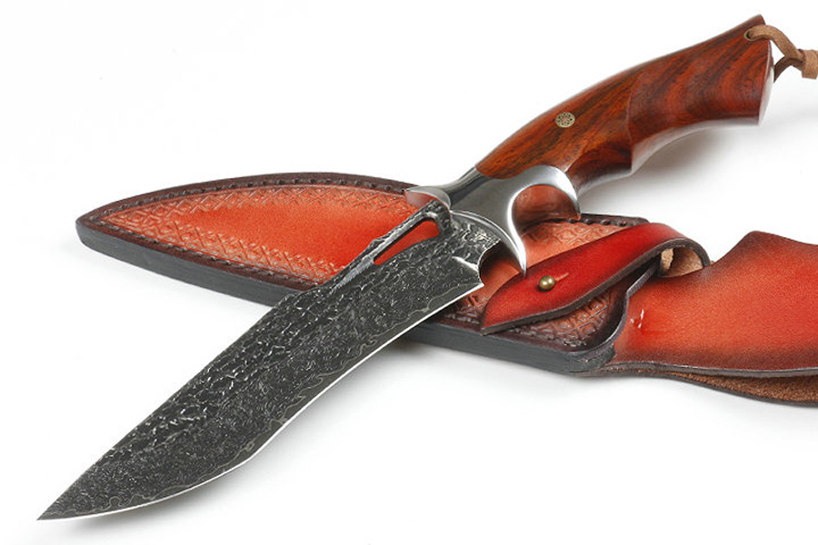 

M6655 Survival Straight Hunting Knife Damascus Steel Drop Point Blade Ebony with Steels Head Handle Fixed Blades Knives with Leather Sheath