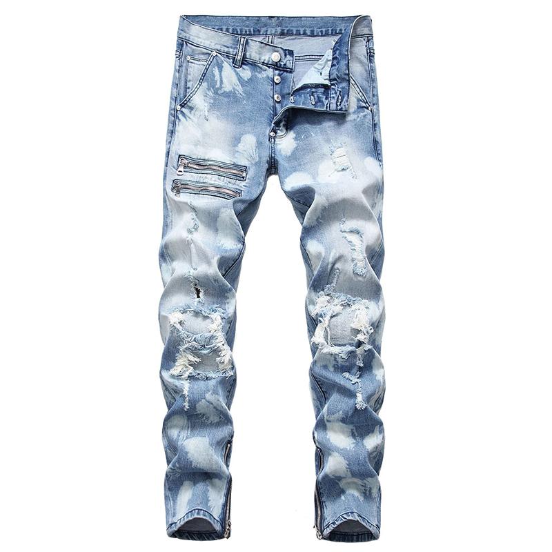 

Men's Jeans Idopy Mens Fashion Biker With Zippers Hip Hop Punk Style Painted Denim Pants Straight Fit Jean Trousers For MaleMen's, Sky blue