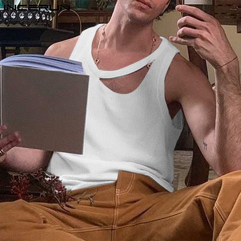 

Men' Tank Tops Men Solid Color Sleeveless Streetwear Irregular Vests 2022 Breathable Hollow Out Casual Clothing -5XL INCERUN, White;black