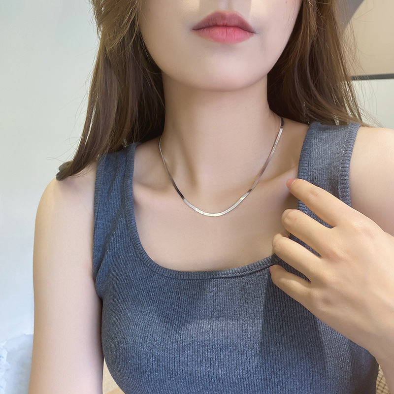 

925 sterling silver necklace Men short collarbone blade 2mm flat bone snake chain