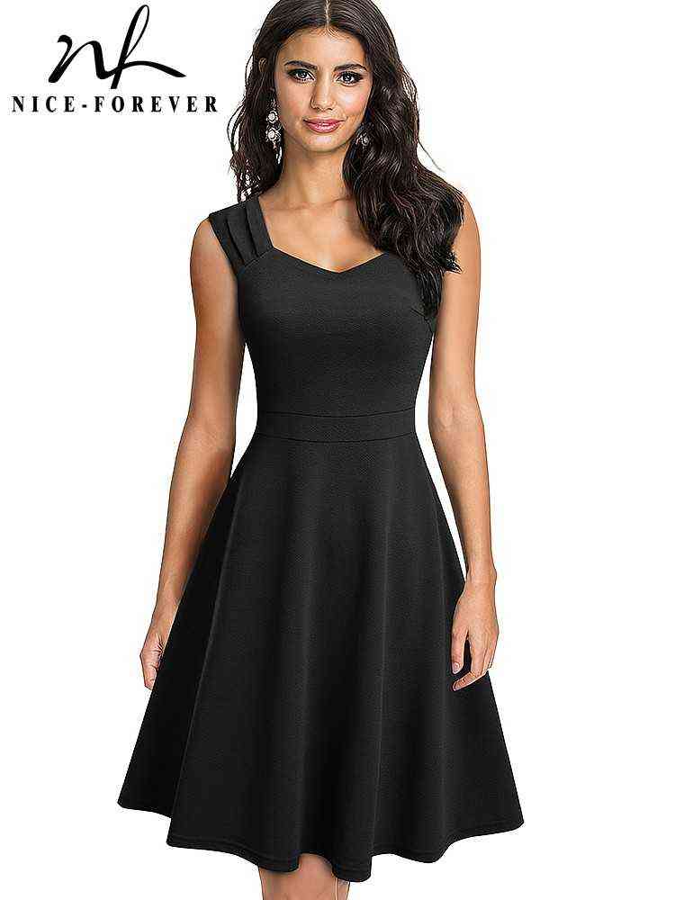 

Nice-forever New Summer Solid Color Retro Sun Dresses Party Flare Swing Women Dress A246 Y220401, Navy blue