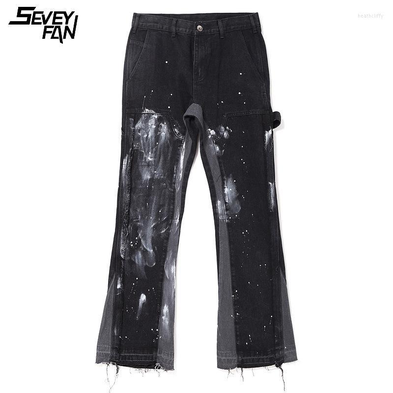 

Men's Jeans Men's Flare Paint Retro Patchwork Black Flared Denim Pants Ribbon Streetwear Skateboard Baggy Hip Hop Pant For MaleMen's Hea