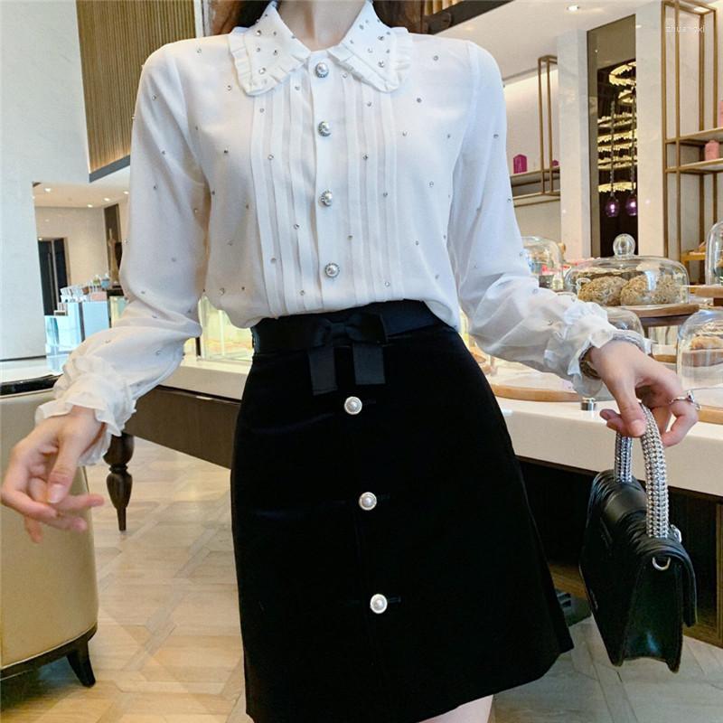 

Work Dresses Damonds Doll Collar White Shirt High Waist Black Velvet A-Line Mini Skirt Two-Piece Female Autumn Elegant Ol Ladies ClothesWork