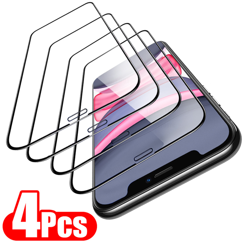 

4Pcs Full Cover Tempered Glass On the For iPhone 11 12 13 Pro Max Screen Protector 6 7 8 Plus X XR XS MAX SE 20