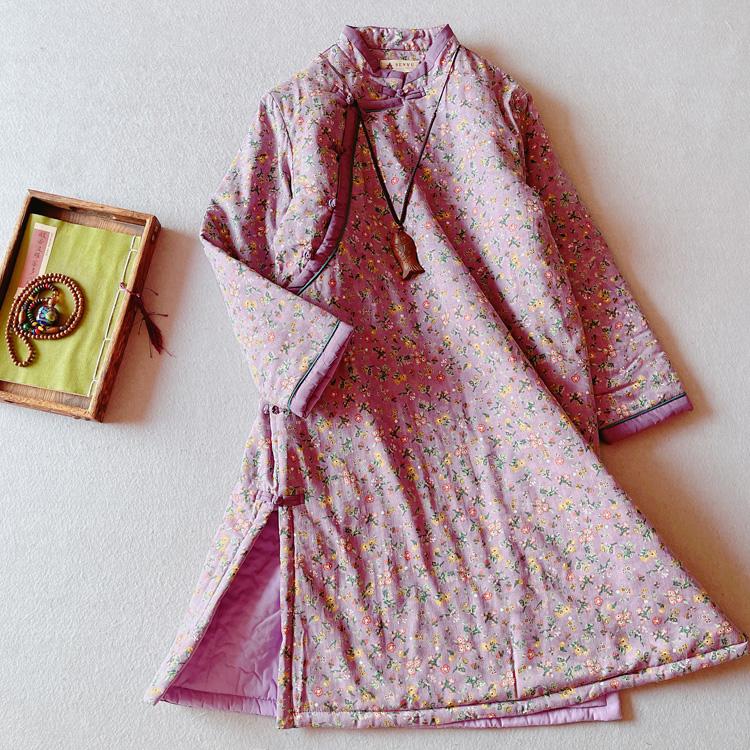 

Casual Dresses Women Dress Cotton Linen 2022 Winter Print Floral Chinese Clothing Button Cotton-padded Thick A Line Long YoYiKamomo, Blue