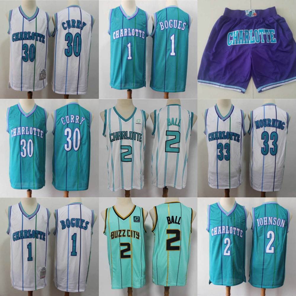 

Charlotte''Hornets''Men Jersey 33 Alonzo Mourning 2 Larry Johnson 1 Bogues 30 Dell Curry 2 LaMelo Ball Basketball Shorts Jerseys, Color