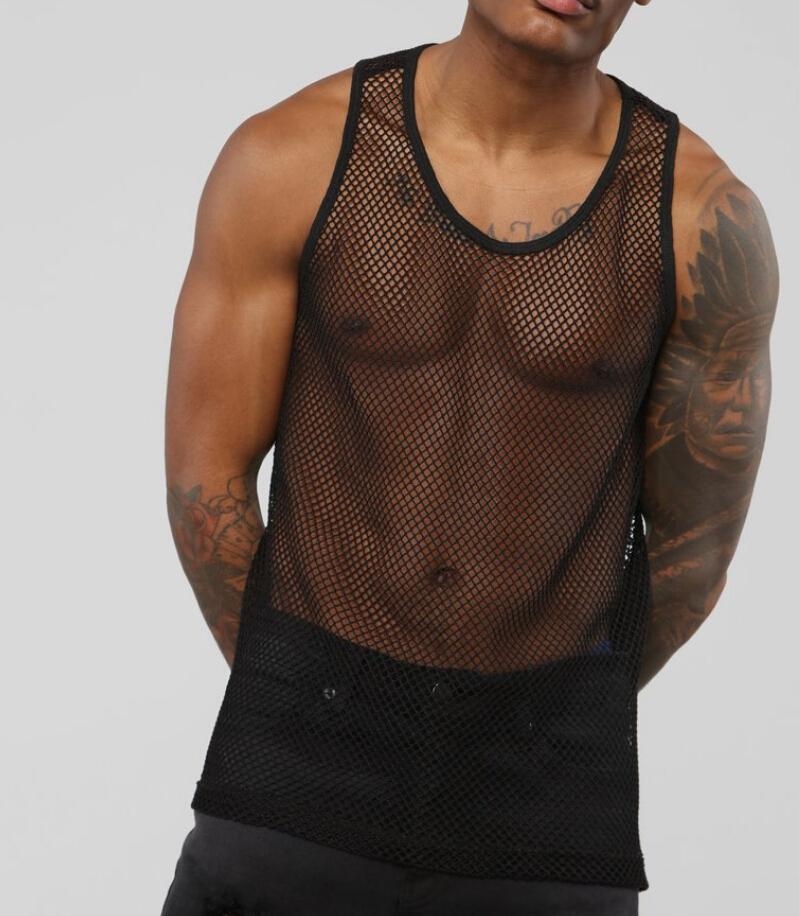 

Men's Tank Tops Sexy Men's See Through Mesh Sheer Fishnet GYM Muscle Top Fitted Clubwear Undershirt Sleeveless Plus Size TeeMen's, Black