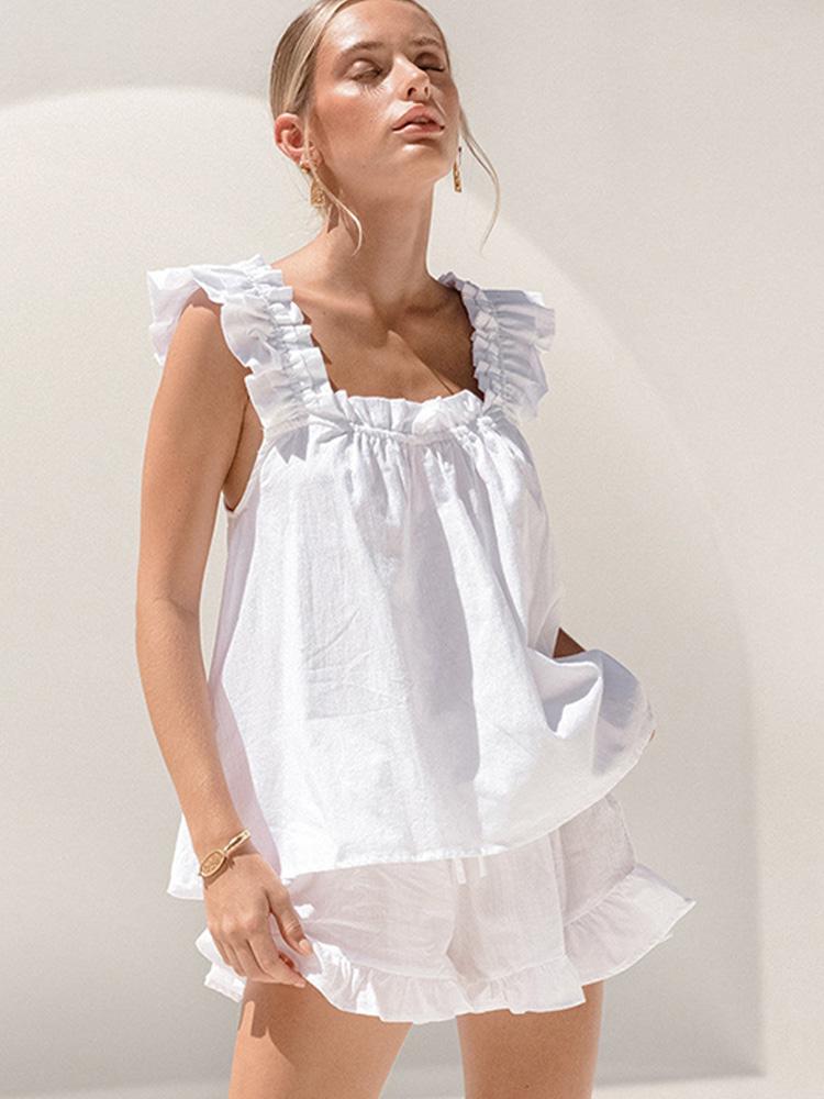 

Women' Tracksuits White Ruffle Camisole Shorts Women Pajamas Suit Cotton Linen Simple Sleeveless Backless Top Short Pants 2 Piece Lady Home, 01
