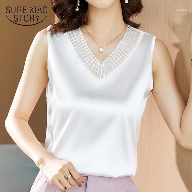 

Women's Blouses & Shirts Loose Solid Satin Clothing Plus Size 5XL Sleeveless Summer Blouse Women V Neck Silk Shirt Fashion Tops Blusas 13734, Beige