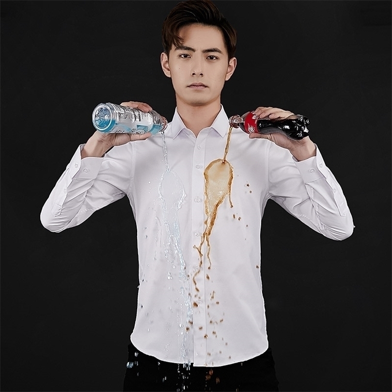 

BROWON Brand Men Shirt Business Hydrophobic Material Long Sleeve Anti-fouling Social Slim Fit Big Size 5XL 220401, White shirt