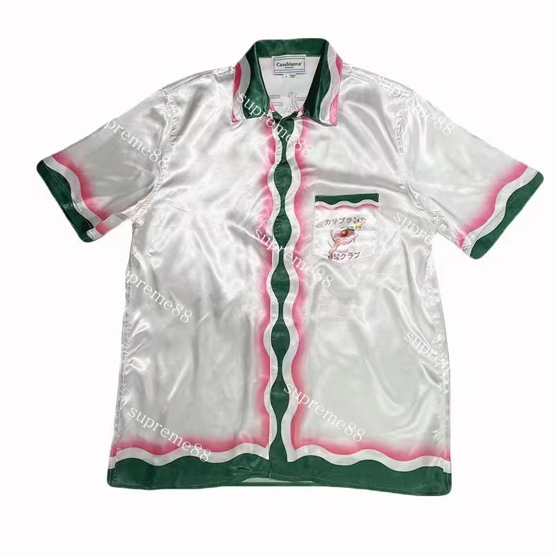 Casablanc 22ss pink green wave print contrast short sleeve shirt unisex fashion summer satin shirts-image-760221901