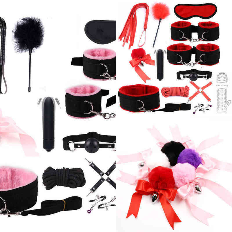Nxy Bondage Bdsm Kits Adults Sex Toys for Women Men Handcuffs Nipple Clamps Whip Spanking Metal Anal Plug Vibrator Butt Set 220421