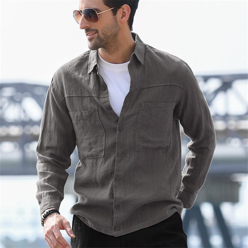 

Men's Casual Shirts Fashion Clothing Mens Solid Color Long Sleeve Tooling Dragon 2022 Autumn Men Button Up Linen Shirt Chemise Homme ManMen', Gray