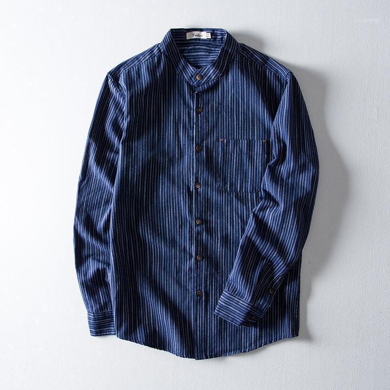 

Men's Casual Shirts 2022 Spring Fashion Stand-Up Collar Long-Sleeved Shirt Men Striped Cotton And Linen Cardigan, White