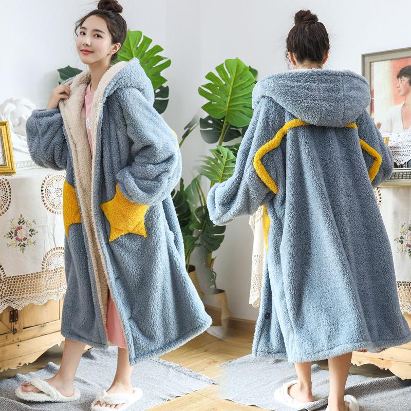 

Women's Sleepwear Flannel Women Hooded Kimono Robe Gown Winter Warm Bathrobe With Belt Thicken Star Intimate Lingerie NightwearWomen's, Pink