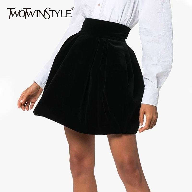 

TWOTWINSTYLE Velour Ruched Skirt For Female Casual High Waist Autumn ALine Womens Skirts Fashion Clothing Y200326, Black