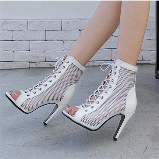 

New Sexy Womens Sandals Fashion Dance Women Shoes High Quality Open Toe High Heels Mesh Hollow Out Ankle Boot, White
