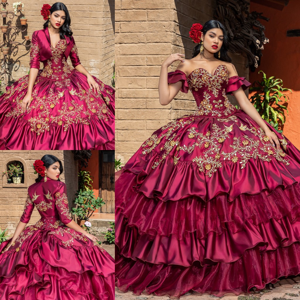 

Burgundy Ball Gown Quinceanera Dresses With Jacket Appliqued Sweetheart Neckline Beaded Prom Gowns Tiered Sweep Train Ruffled Sweet 15 Masquerade Dress, Blue